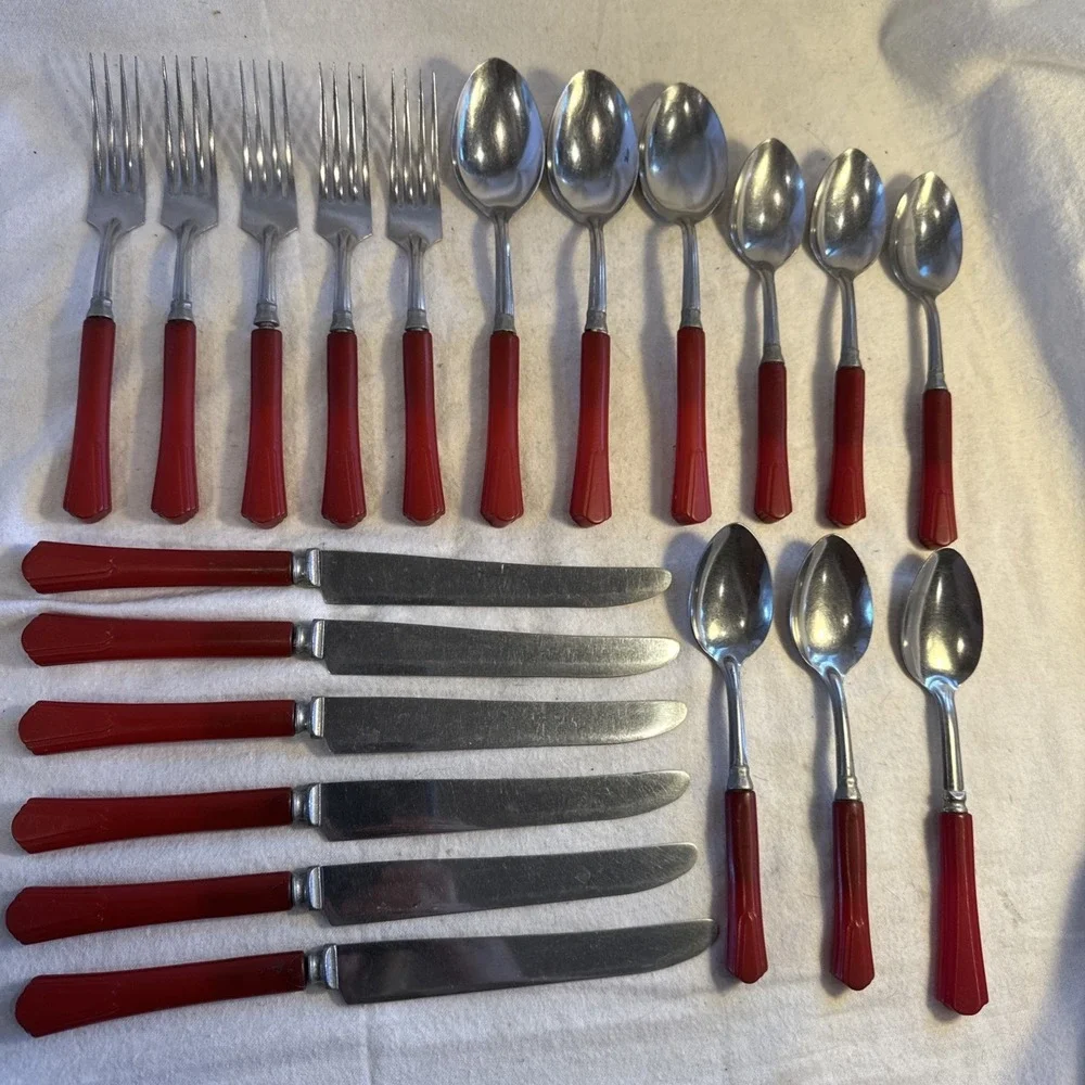 Lot Of 20 Vintage Bakelite Red Handle Deco Style Silverware Forks Spoons Knife